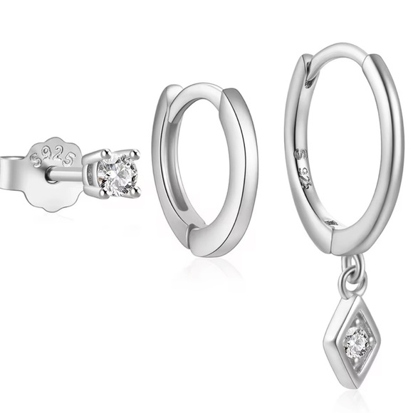 925 Sterling Silver Mini Hoop Earrings with CZ Charm (Single Piece) - Picture 1 of 3